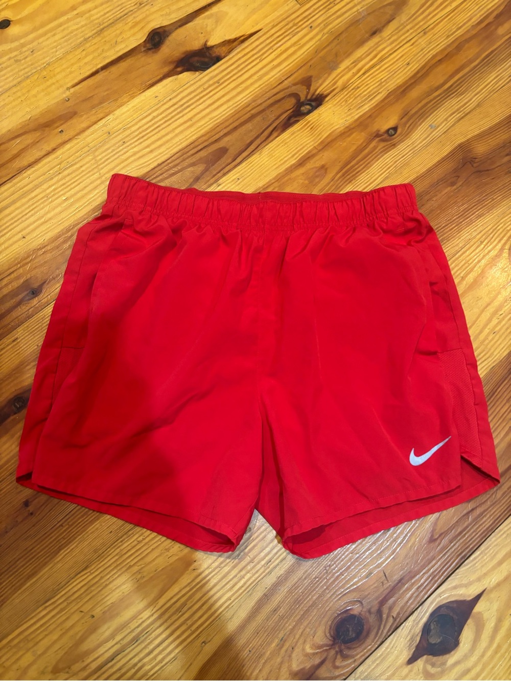 Nike Men's Red Athletic Training Shorts with White Swoosh